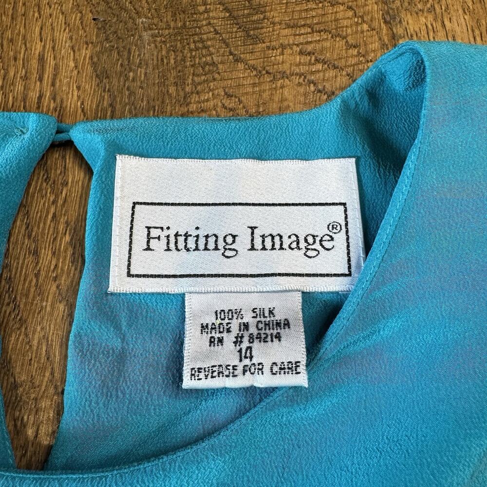 Vintage Fitting Image 100% Silk Blouse Size 14 Turquoise Shoulder Pads Office - Picture 2 of 5